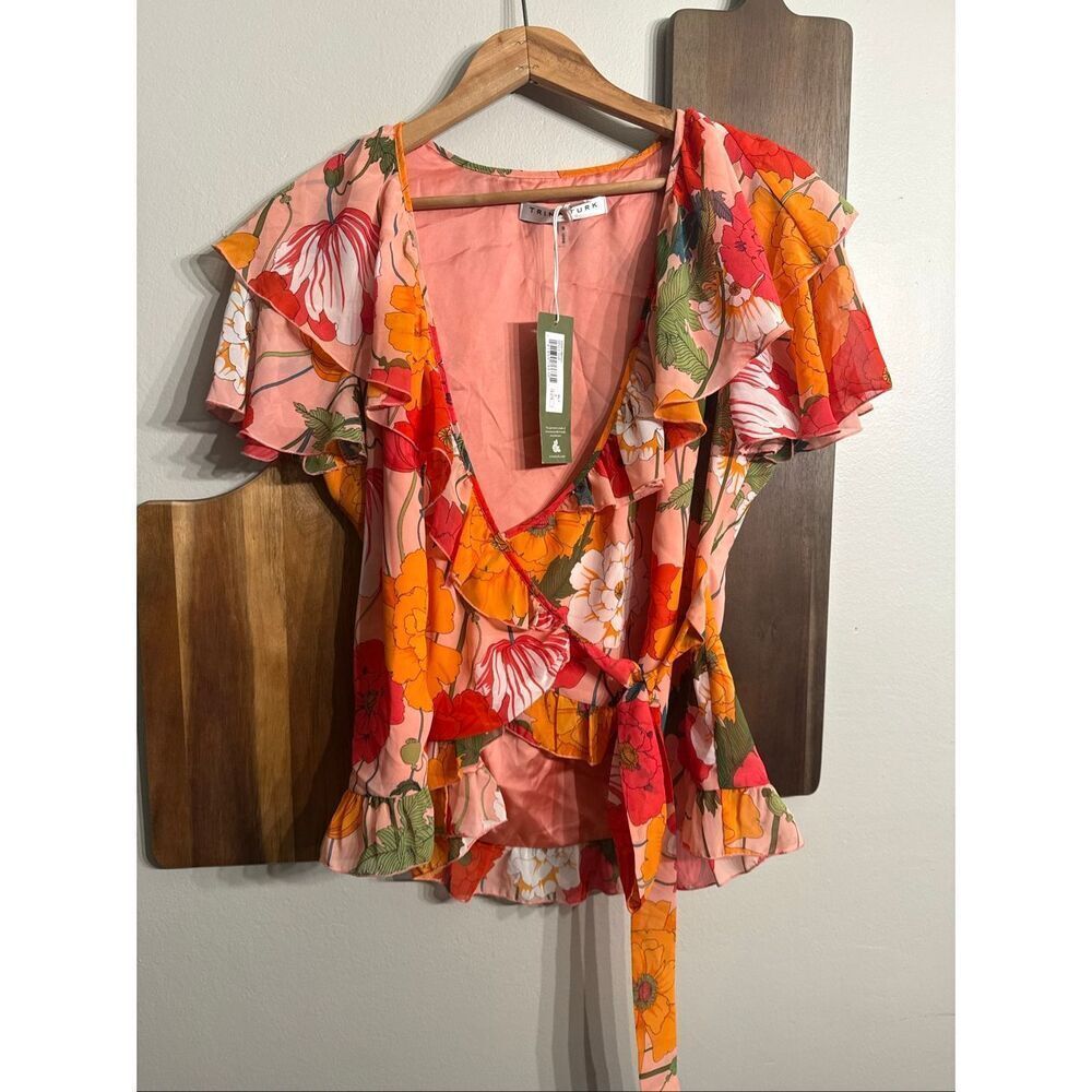 Trina Turk Multicolor Floral Ruffled Flutter Sleeve Wrap Spicy Blouse Small NWT